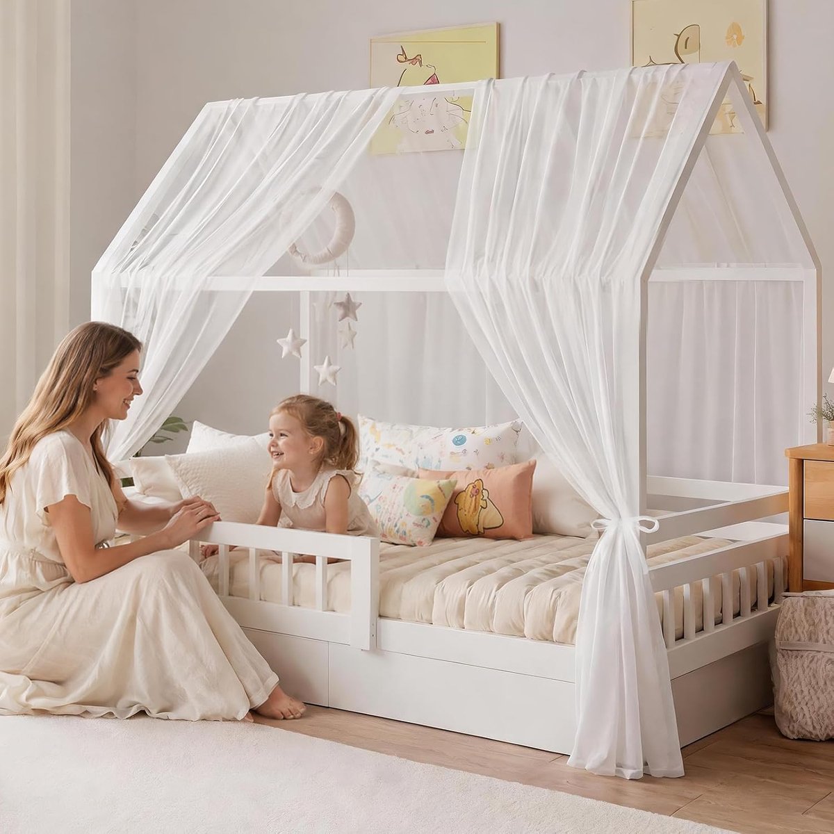 Hemelset, 2 stuks bedhemel, huisbed, licht ademend Milanese gaas, hemelbed, gordijn, muggenbescherming, baldakijn voor babybed en kinderkamer, kinderkamer, decoratie, 150 x 350 cm (wit)