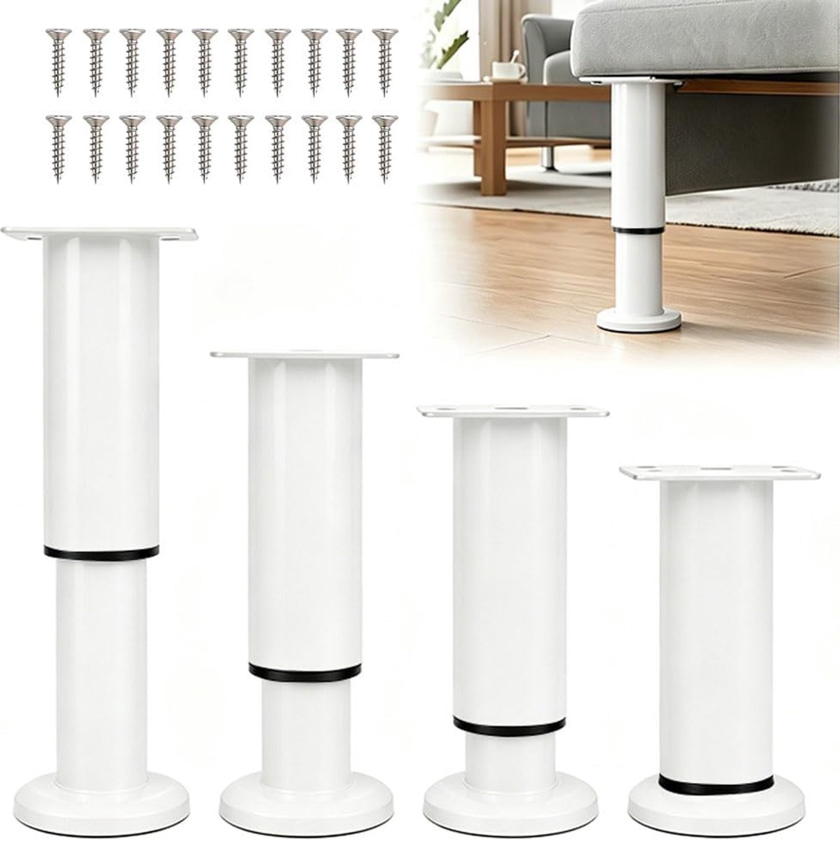 Poten, verstelbaar, 12-18 cm, 4 stuks, wit, in hoogte verstelbaar, metaal, in hoogte verstelbare poten voor meubelpoten, kastpoten, tafelpoten, commodepoten, bedpoten