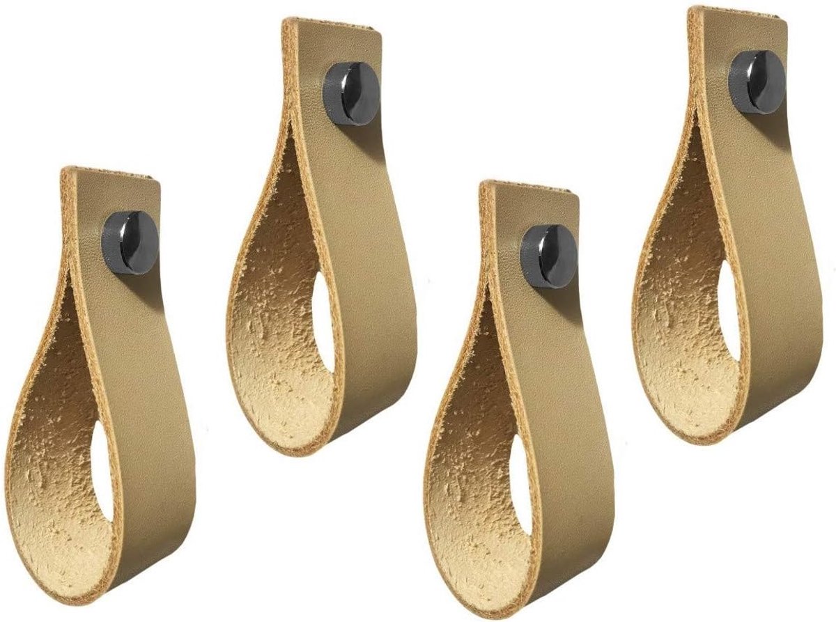 Set van 4 leren handgrepen, lussen, voor meubels, naturel