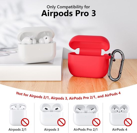 Hoes beschermhoes compatibel met AirPods Pro 3e generatie met reinigingsset, stootvaste zachte dunne beschermhoes case voor Airpods Pro 3 met Cleaner Kit en karabijnhaak, rood — afbeelding 2