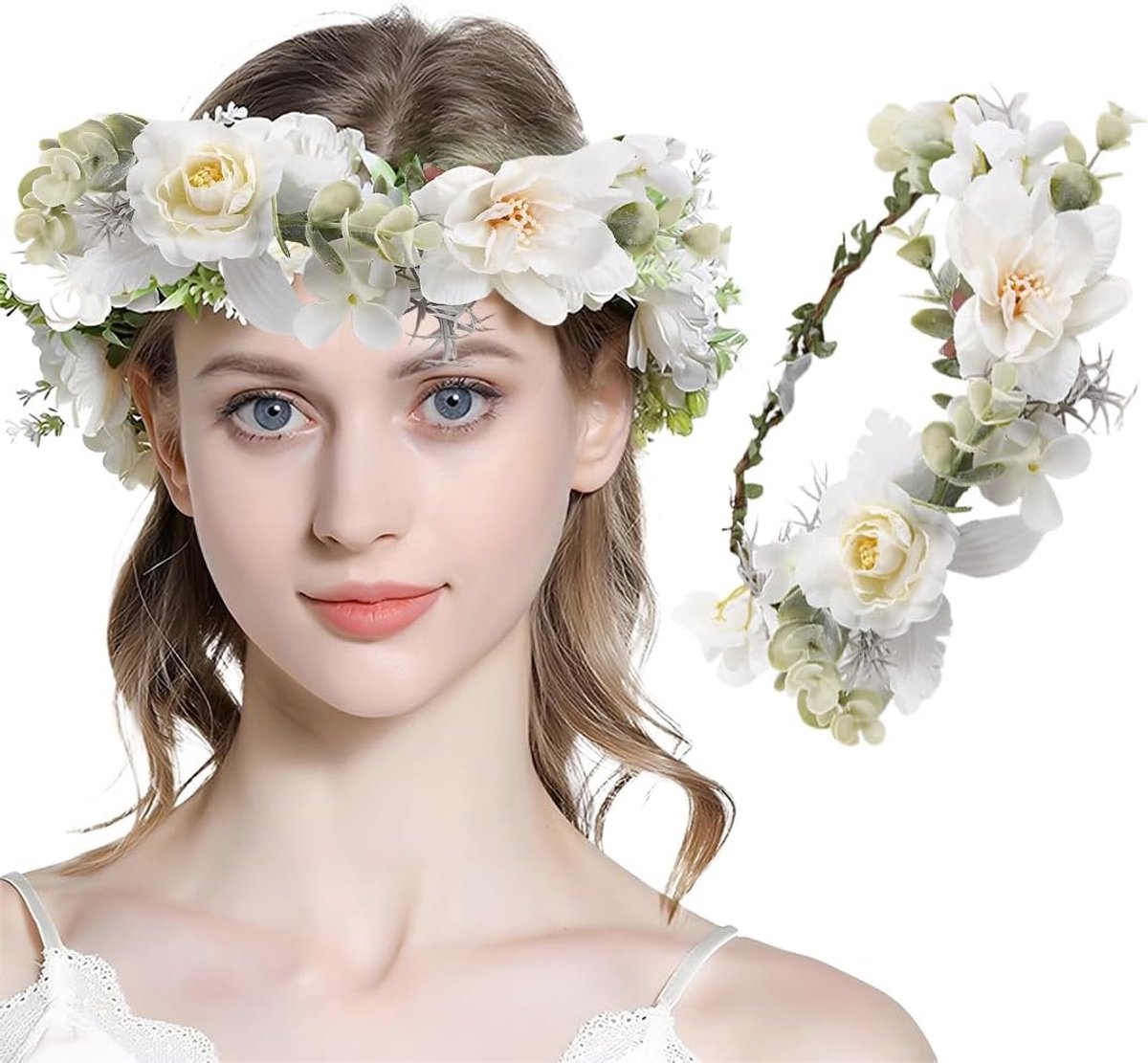 Kroon, hoofdband, bloemen, hoofdtooi, bloemenkrans, bruid, hoofdband, festival, bruiloft, dames, verstelbare bloemenhaarband voor dames, bruiloft, ceremonie, festival, feest (wit