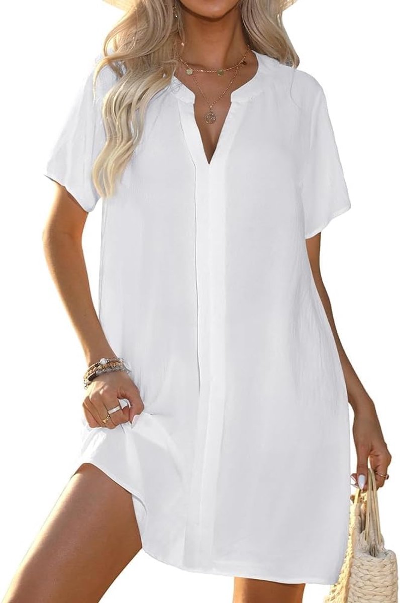 Strandjurk voor dames, V-hals, bikini, cover-up, korte mouwen, zomerjurk, losse strandponcho, casual strandkleding