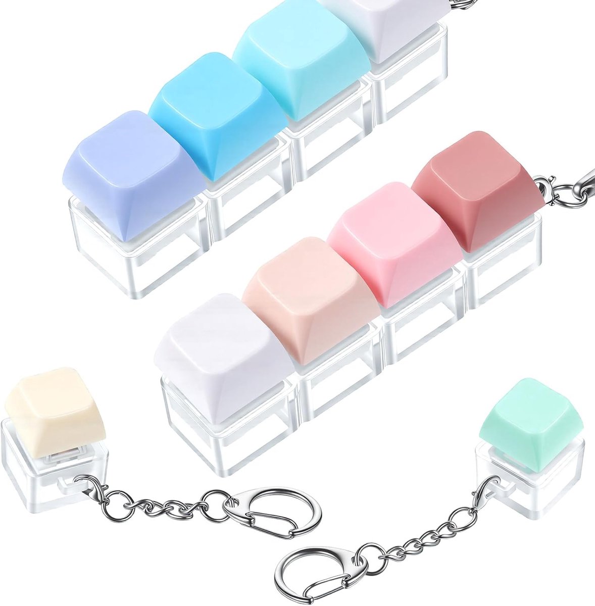 4 stuks Toetsenbord Fidget-speelgoed voor volwassenen, kleurrijke toetsenkap speelgoed, Fidget-toetsenbord sleutelhanger, lineaire klik sleutelhanger, mechanische sleutelhanger voor mannen en vrouwen