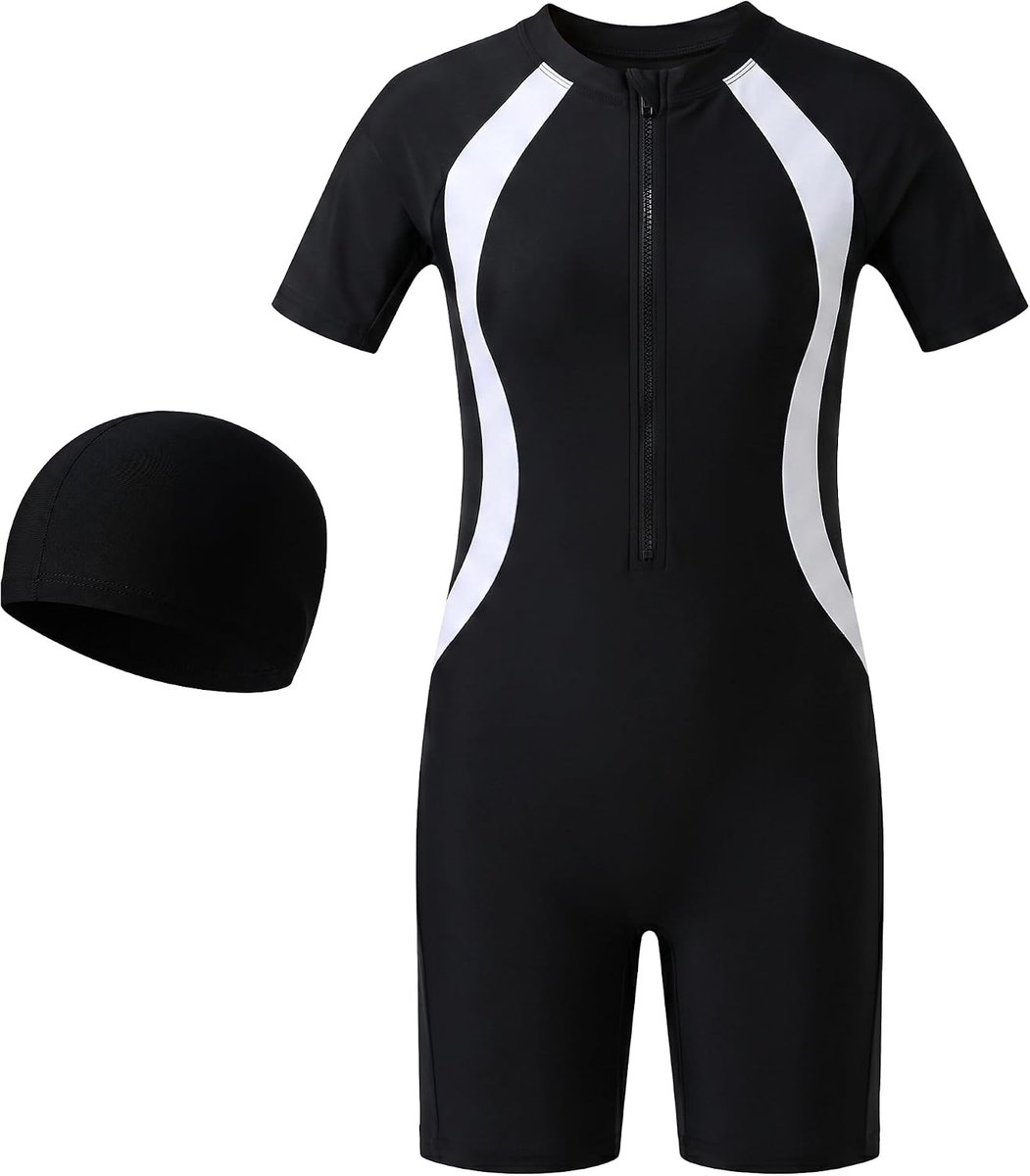 Kinderzwempak met badmuts voor jongens en meisjes, zwempak met korte mouwen en ritssluiting, zomerkleding, badmode, zwemkleding voor strand, zwembad en zwemles 4-12 jaar