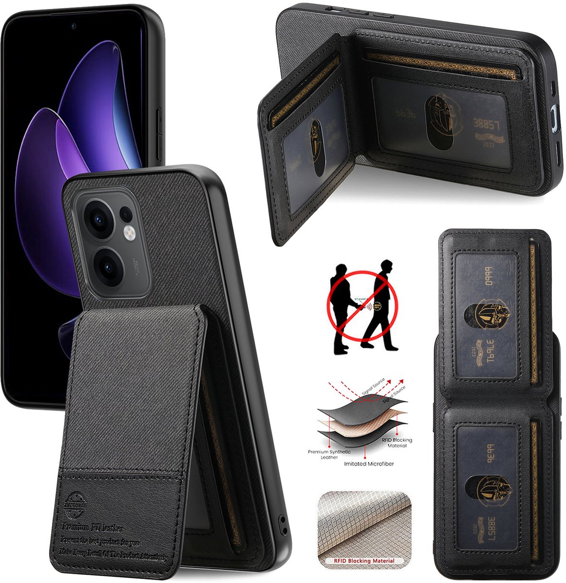 Luxe Backcover met Anti-RFID Kaarthouder en Standaardfunctie voor OPPO Reno13 F / Reno13 FS _ Zwart