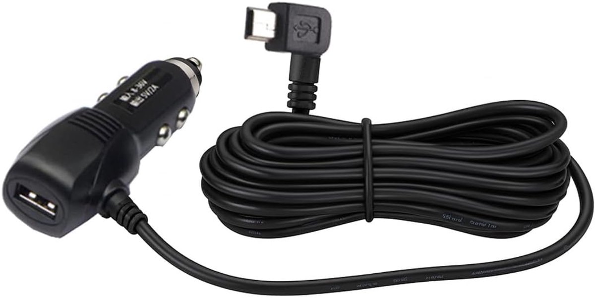 Oplaadkabel 3,5m met USB & Mini-USB 5pin (rechts gebogen) – Dubbele oplader voor navigatiesystemen, smartphones & tablets, 8-36V DC, 5V/2A, incl. zekering