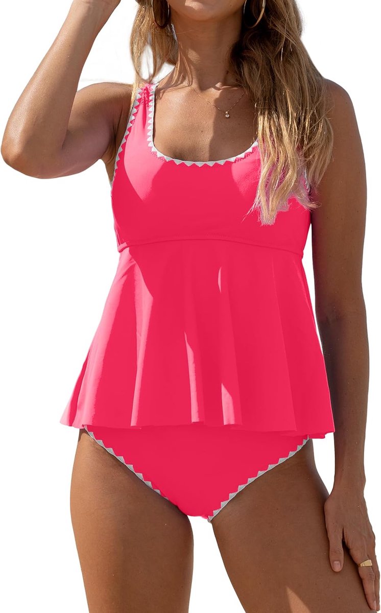 Dames Bloemen Roze Ruches Zoom Tweedelig Badpakken Hoge Taille Buikcontrole Brede Bandjes Tankini Sets, Warm rood, M