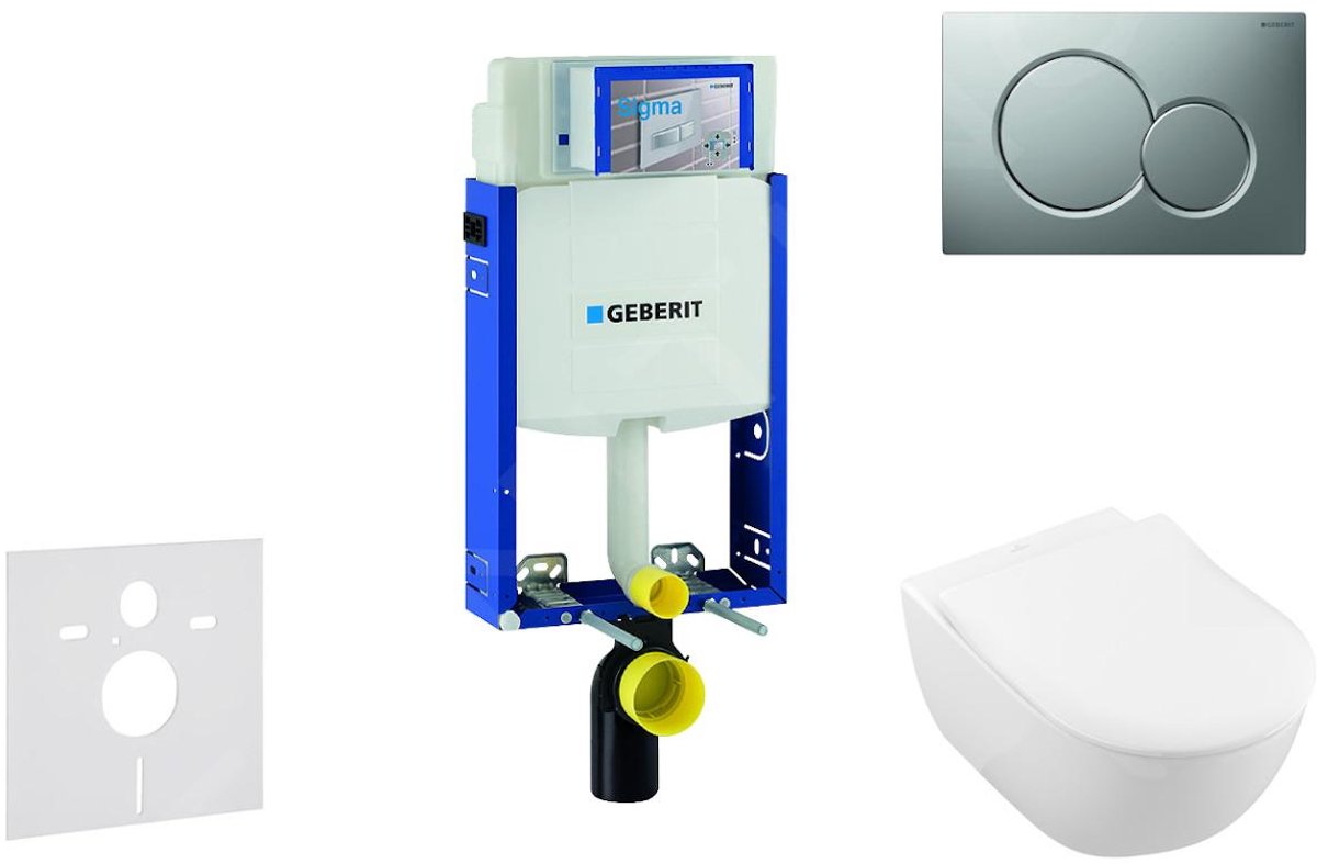 Toiletset met Sigma01 bedieningsplaat, mat chroom + Villeroy Boch hangend toilet en wc bril, SoftClose, DirectFlush, CeramicPlus