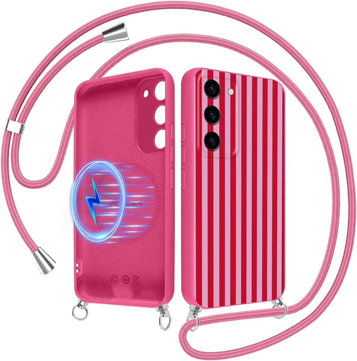 Beschermhoes voor Samsung Galaxy S23 5G met koord, esthetische zomerstrepen, strepen, motief, roze, rood, siliconen, met halsketting [compatibel met MagSafe], beschermhoes voor