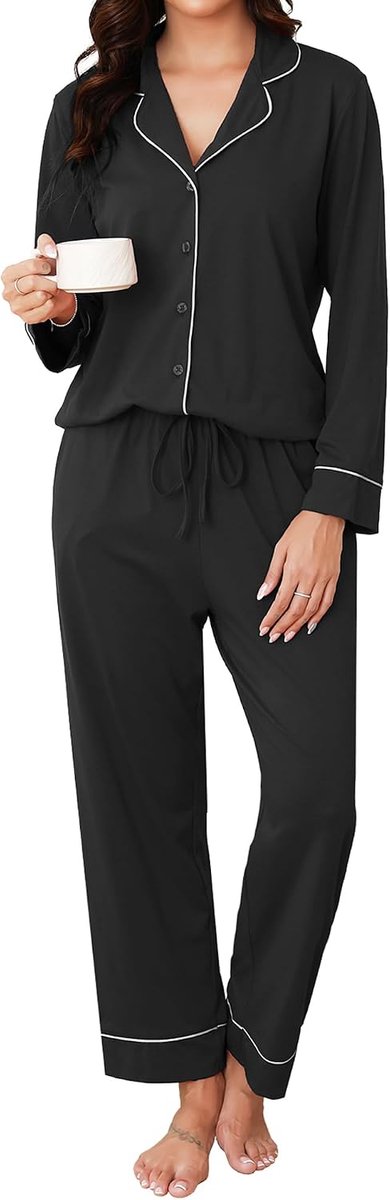 Pyjamaset Met Knoopjes, Lange V-Hals Tweedelig Lange Loungewear Huispak Pyjama Comfortabele Top En Pyjamabroek