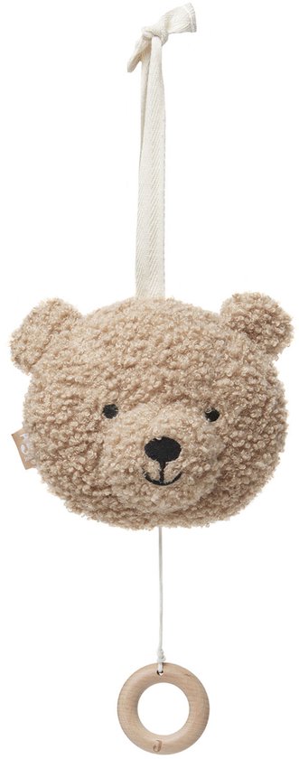 Muziekhanger in de vorm van een bruine teddybeer met een houten ring.