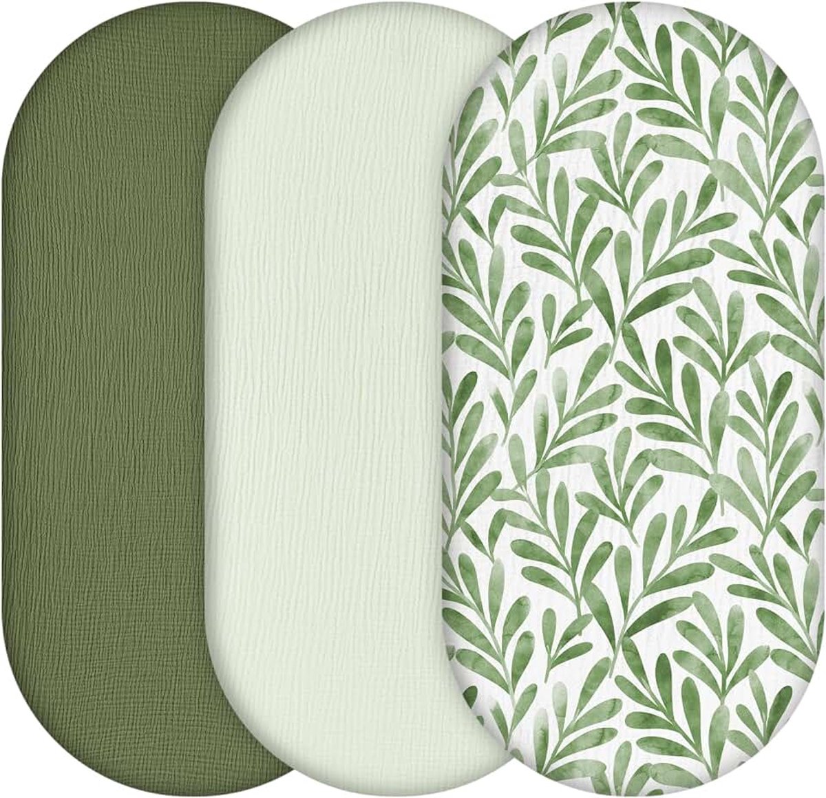 Moses Mand Lakens 81x41cm, 3-pack 100% Musline Katoen Geschikte Lakens voor Wiegje, Crib & Kinderwagen, Zacht & Ademend Beddengoed voor Jongens en Meisjes Groen Blad