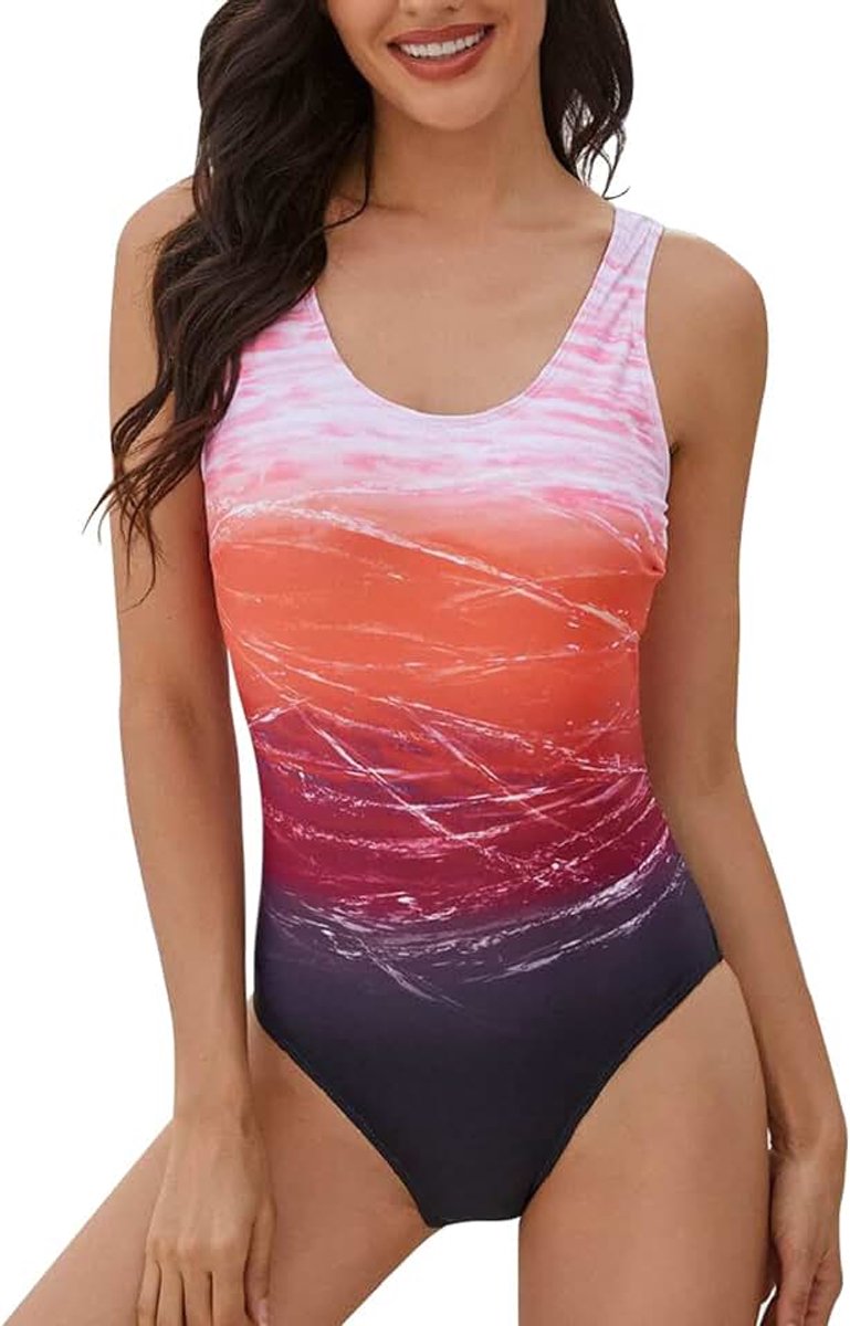 Heekpek Eendelig badpak voor dames, sportvest, gradiënt, badpak, buikweg, hoge taille, slimfit, badmode, zwempak, rood, XXL