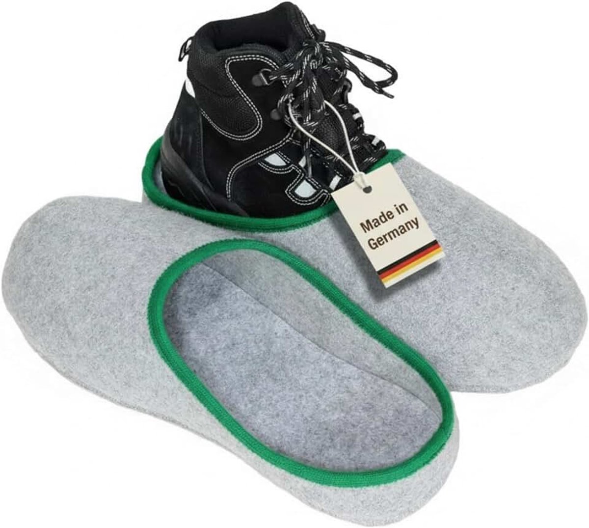 Pantoffelmann Aantrekbare Vilten Sloffen | Onesize Huisschoenen voor Gasten tot Maat 46 | Warme Overschoenen ter Bescherming tegen Vuil & Krassen | Grijs met Groene Rand