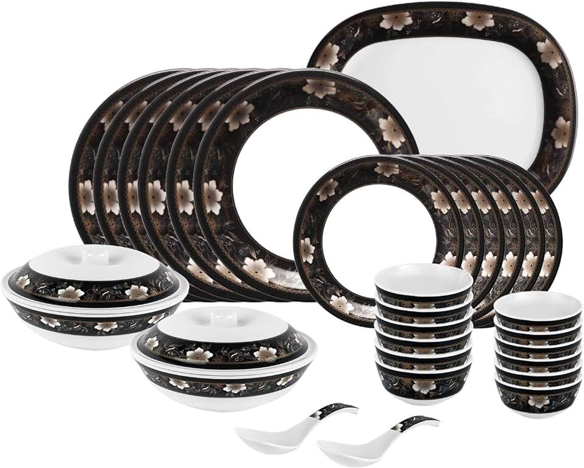 Set Ronde Diner Set Melmoware Diner Set, 31 Stks Gedrukt Diner Set voor Keuken, Zwart & Wit