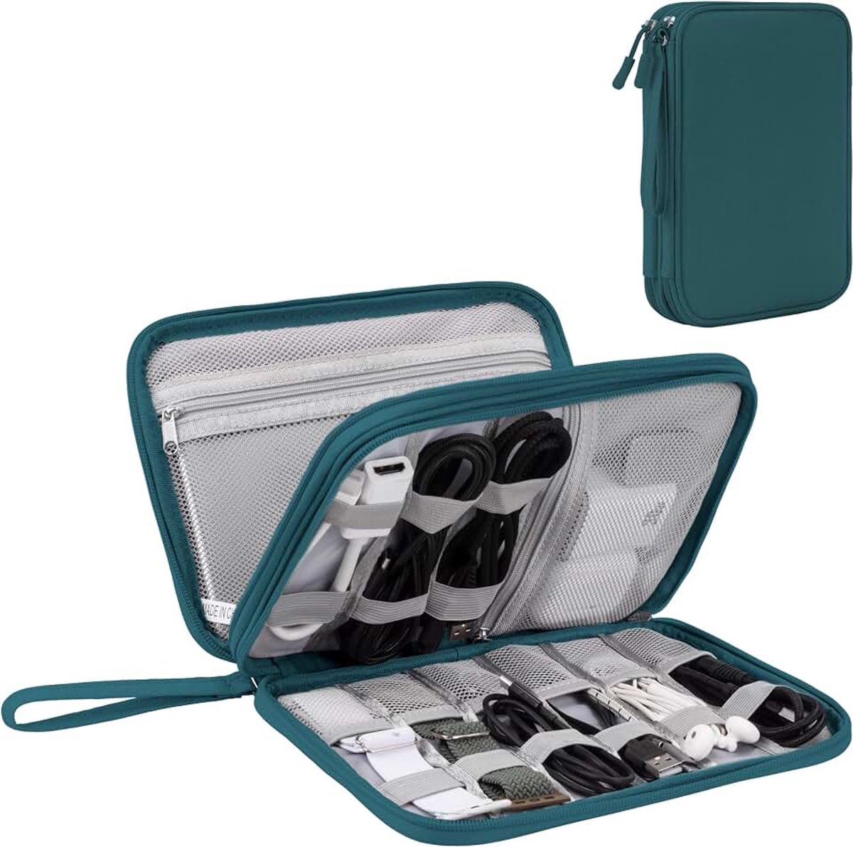 Elektronische accessoireorganizer, kabeltas met dubbellaagse opbergruimte voor kabels, kaarten, opladers, telefoons, hoofdtelefoons, Donkergroen, L, Koffer organizer | Waterdichte kabelorganizer