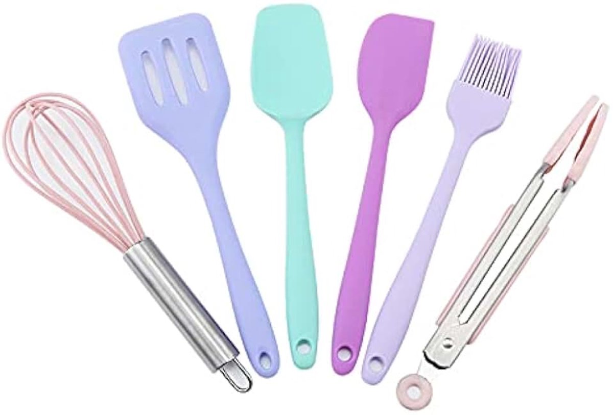 Keukengerei Set Mini Keukengerei 6-delige Set - Keuken Spatels Sets Nonstick, Hittebestendige Rubber Spatel, Klop, Slotted Turner, Voedseltang en Borstel (Multicolor)