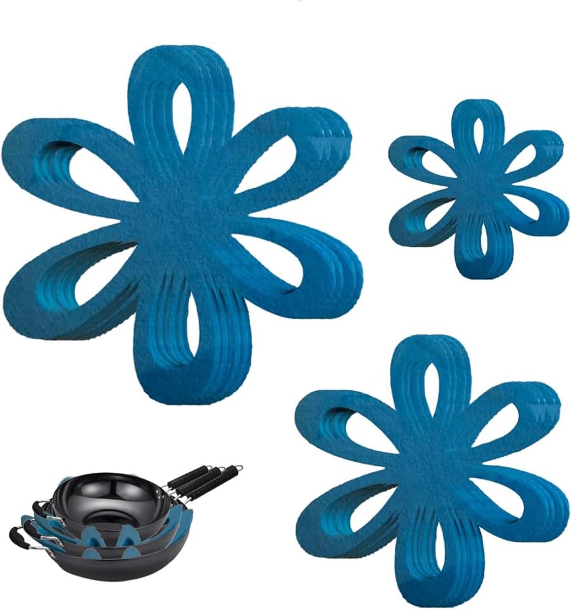 15 stuks pannenbeschermers stapelbescherming, pannenbescherming, 3 maten, vilten pannenbeschermer, hittebestendig, pannenbeschermer, voor pannen, potten, kommen, keukengerei (blauw) (blauw 1)