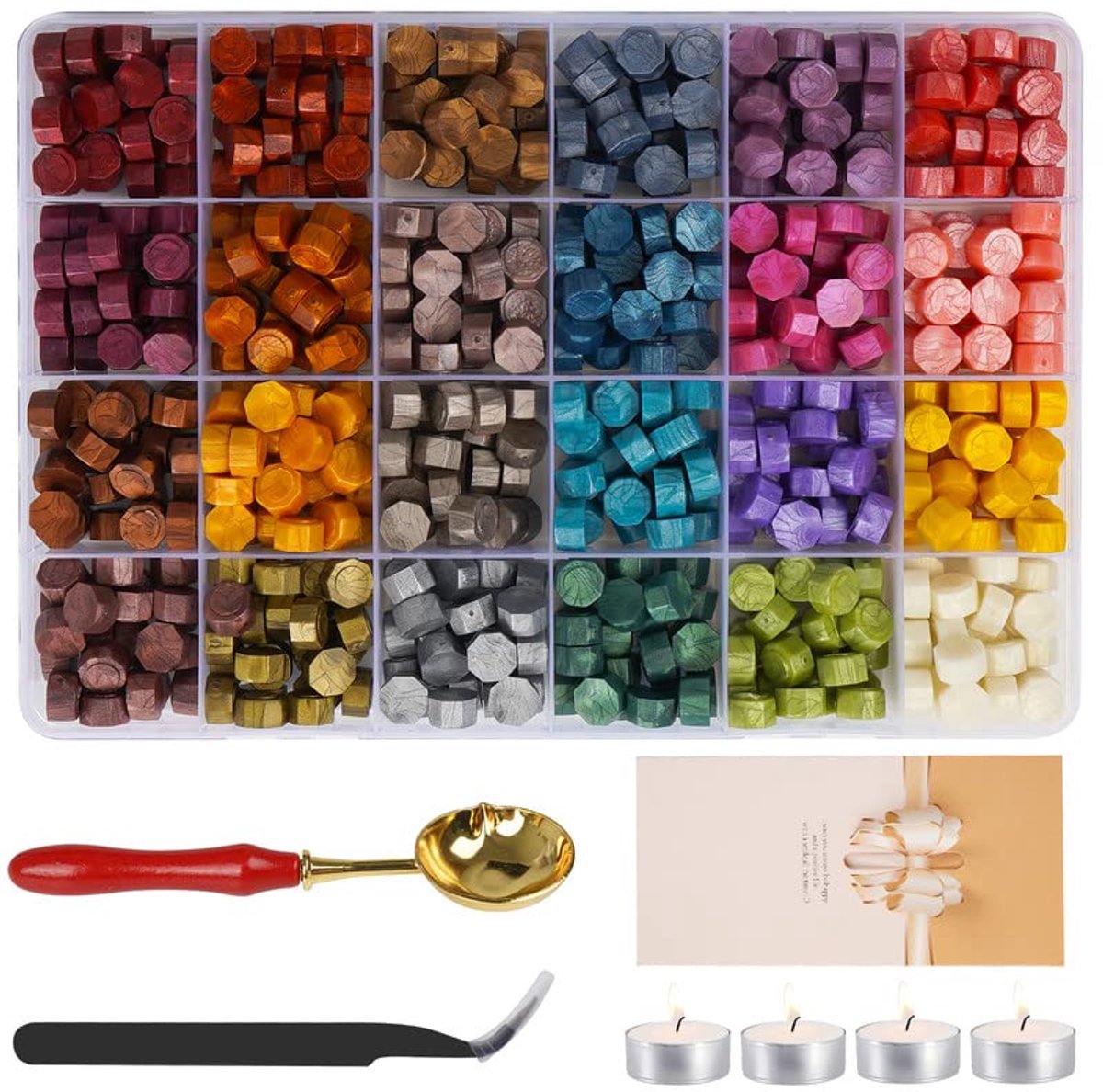 24 kleuren waxparels om te kopen, 600 stuks waxparels, achthoekig, wasset met 4 kaarsen, 1 lepel en 1 tang voor bruiloftsuitnodigingen, enveloppen, kaarten-B
