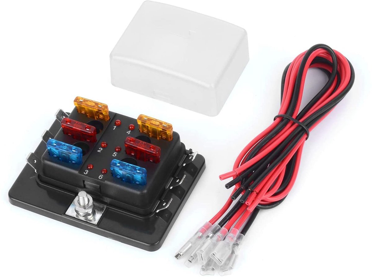 Platte zekeringkast houder zekeringblok met LED-waarschuwingslicht-beschermkap voor auto-auto-boot-marine-trike met gedetailleerde handleiding (6-voudig+zekering+kabel)