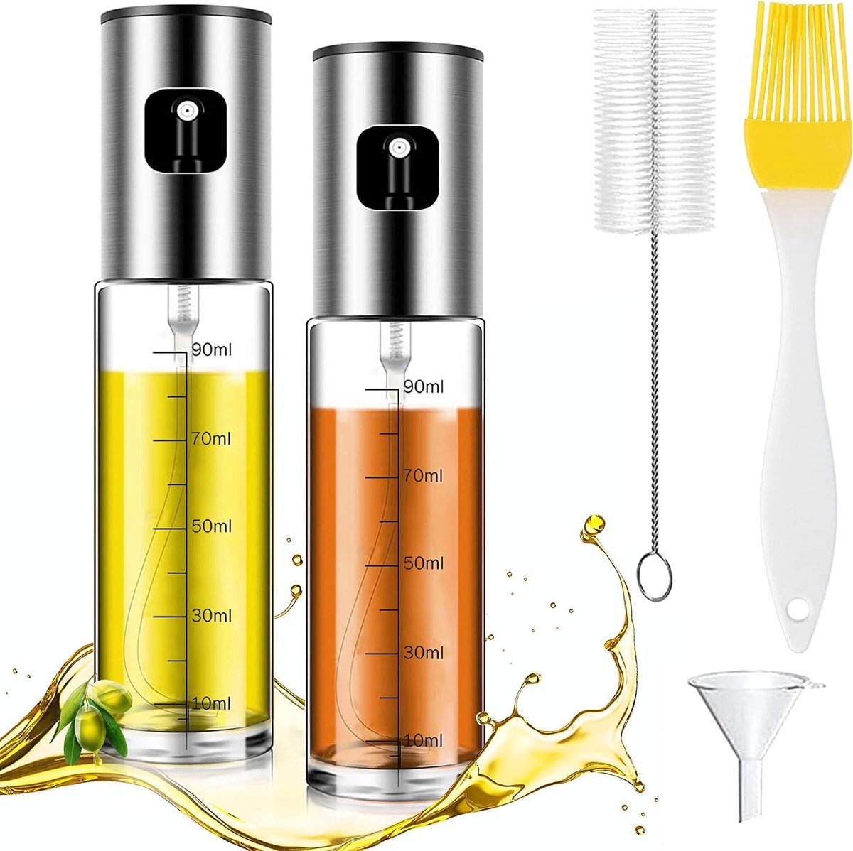 Oliespray voor keuken, 100 ml, oliespray, olijfolie, koken, met borstelloze slang en trechter om te koken, heteluchtfriteuse, barbecue-accessoires (2 stuks)