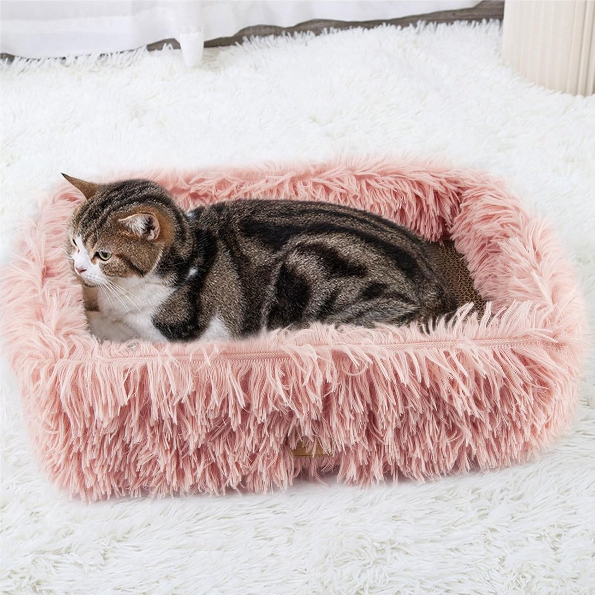 Kattenkrabberbox met afneembaar karton, golfkarton, rechthoekige krabkamer voor katten, krabkussen voor huisdieren voor meubelbescherming (roze)