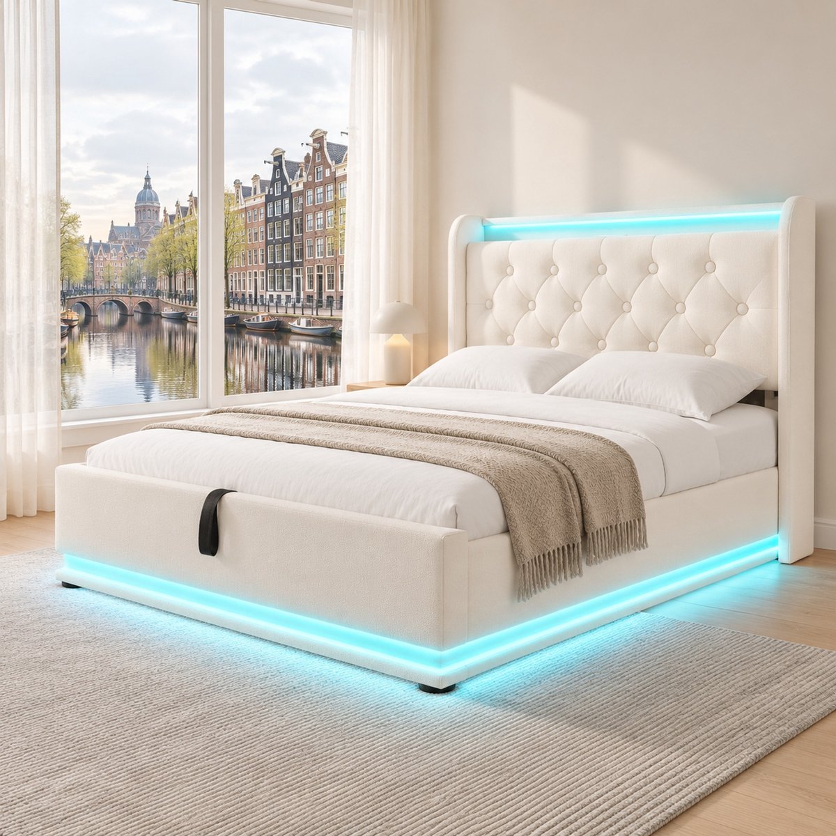 WUVRIE Gestoffeerd eenpersoonsbed 90x200 cm met 360° LED, USB Type-C en hydraulische opbergruimte, wit PU