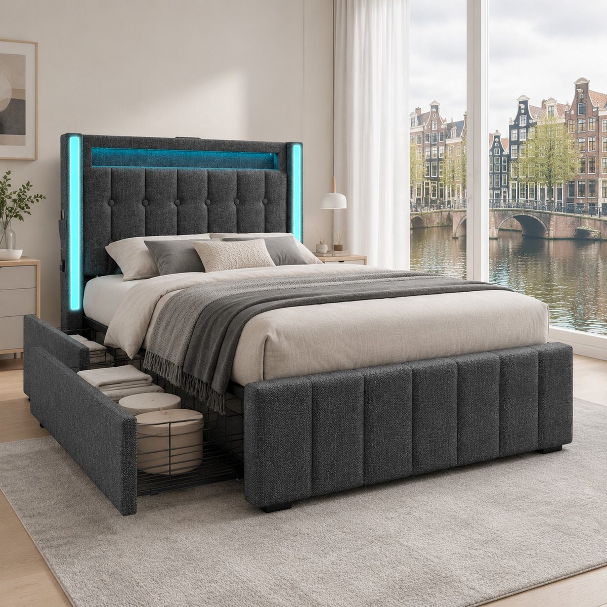 WUVRIE Gestoffeerd eenpersoonsbed 90x200 cm met LED, USB-C, 2 lades en houten lattenbodem, grijs
