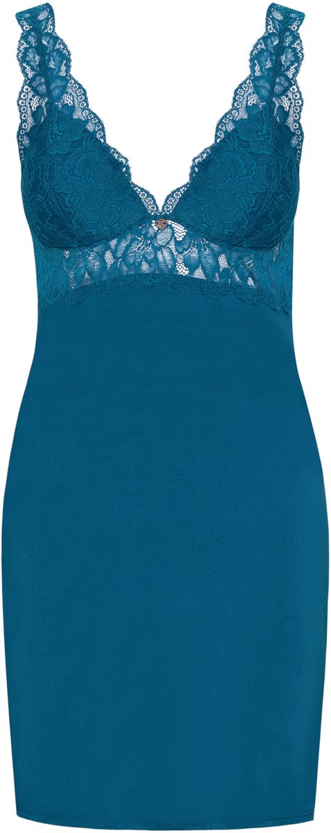 ESOTIQ Liset - Damesnachthemd - V-hals - Kanten rug blauw