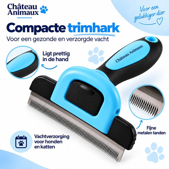 Blauwe en zwarte compacte trimhark voor huisdieren met fijne metalen tanden en een comfortabele grip.