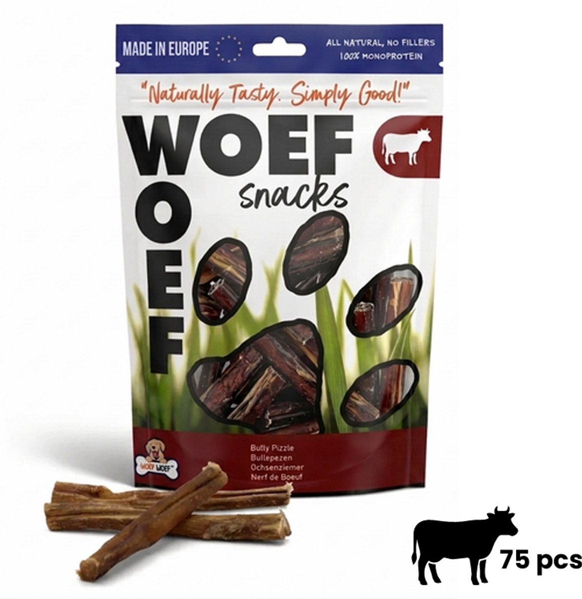 Woef Woef Snacks Hondensnacks Bullepezen 75 stuks - Kauwsnacks Gedroogd vlees Rund Alle honden vanaf 8kg Geen toevoegingen