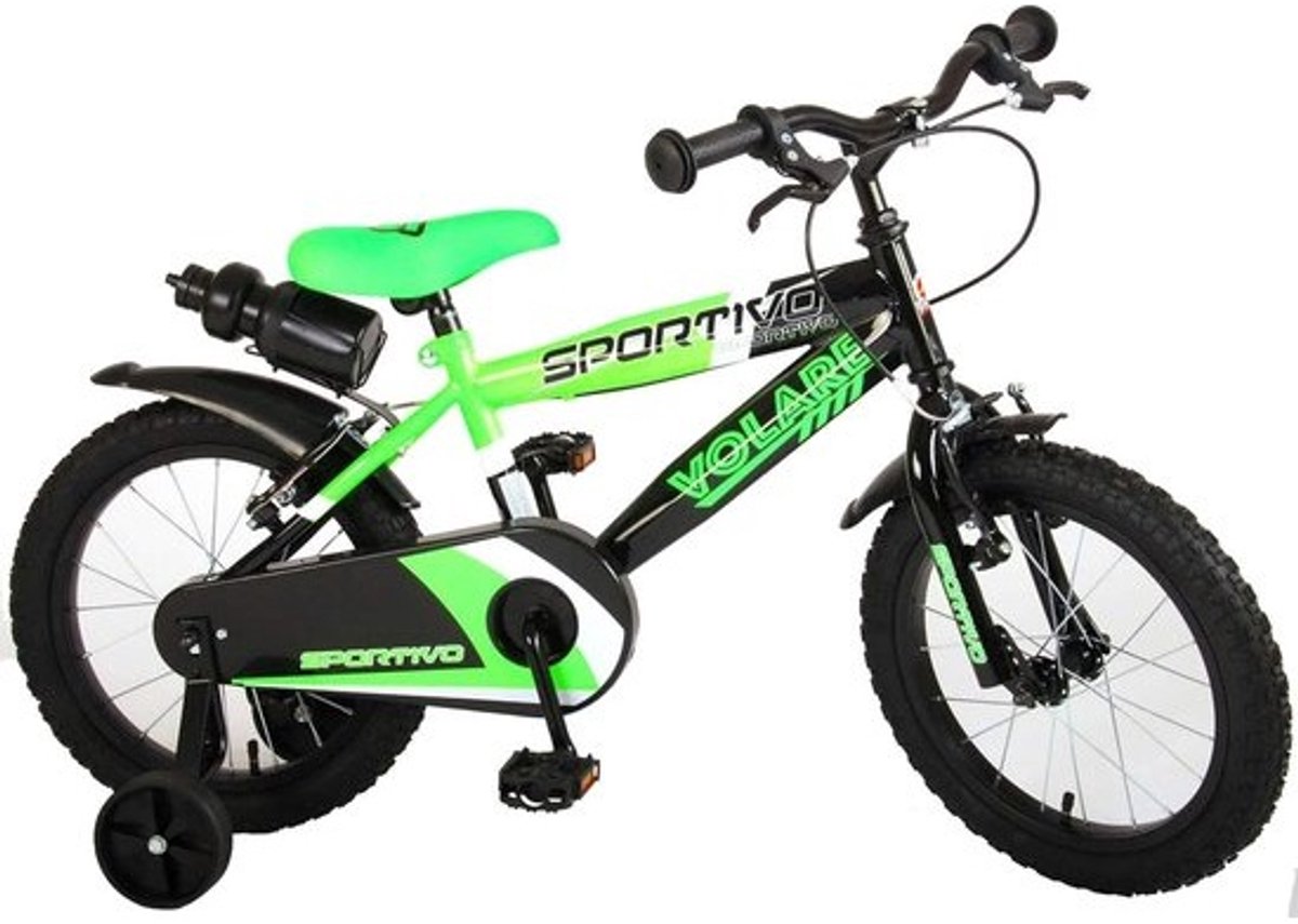 Kinderfiets - jongens - 16 inch - neongroen zwart - twee handremmen - 95% gemonteerd