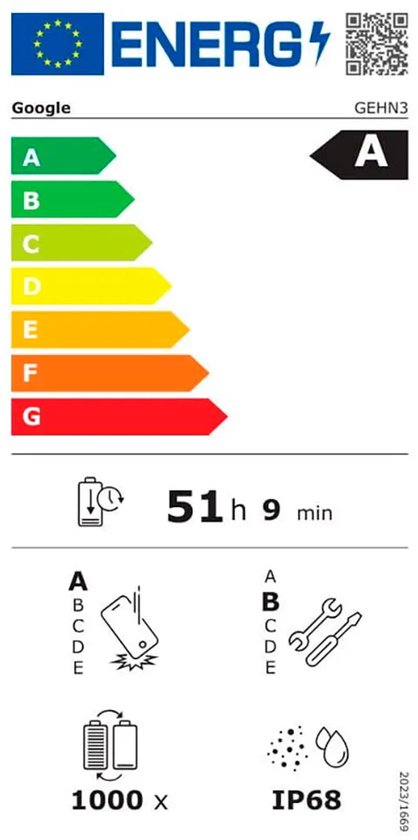 EU-energielabel voor Google-smartphone met klasse A-score, 51u 9min batterijduur en IP68-classificatie.