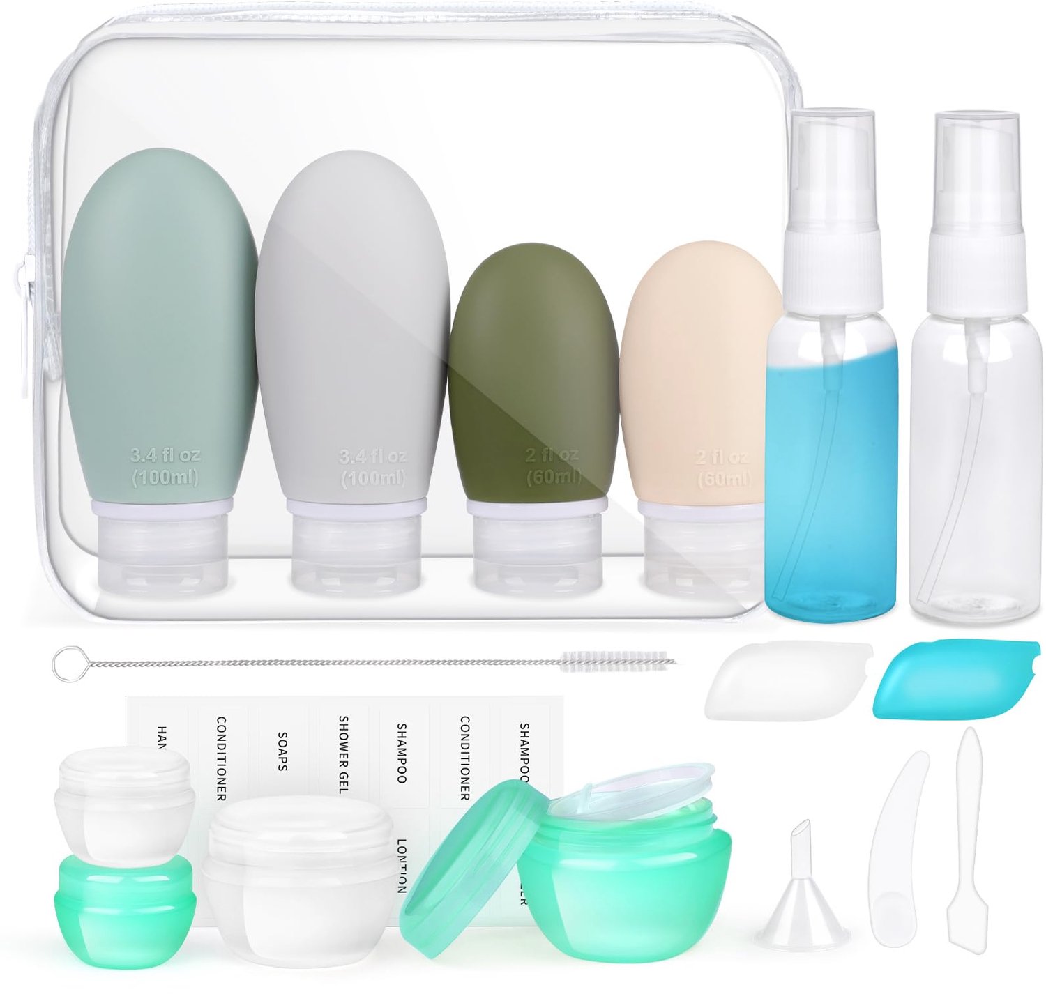 Reisflessen set van 18 stuks - Navulbare siliconen flessen - Lekvrij - TSA-goedgekeurd - 30/60/100 ml - BPA-vrij - Reisset