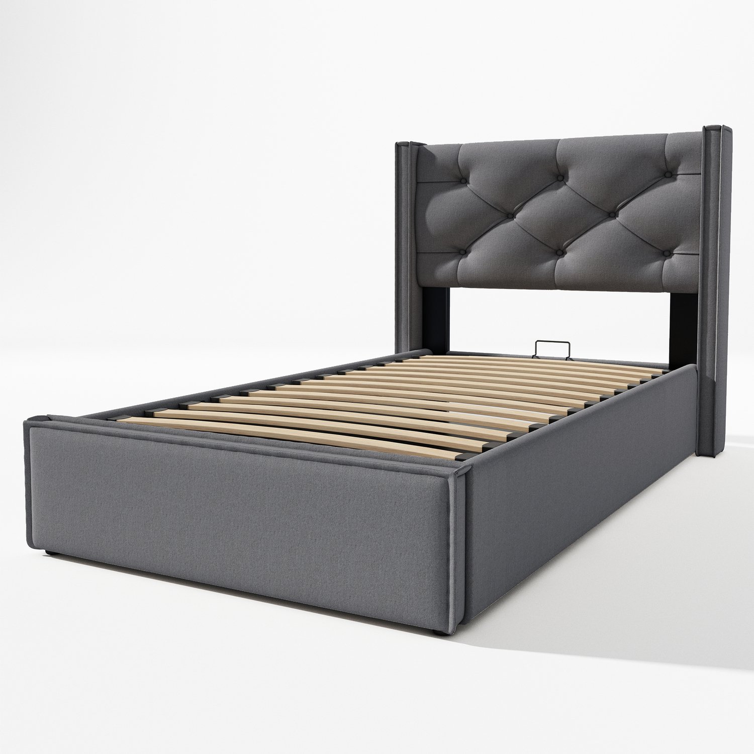 MUVANO Eenpersoonsbed 90x200 met opbergruimte - grijs gestoffeerd bed - hydraulisch hefmechanisme - lattenbodem - katoenen bekleding voor slaapkamer