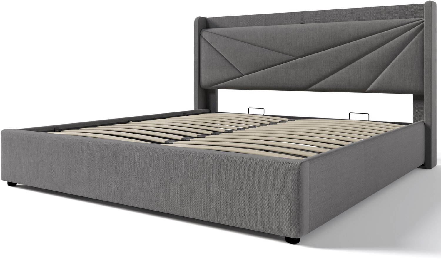 MUVANO Opbergbed 140x200 met lattenbodem - grijs gestoffeerd tweepersoonsbed met opbergruimte - bed met USB en USB-C in het hoofdbord - zonder matras