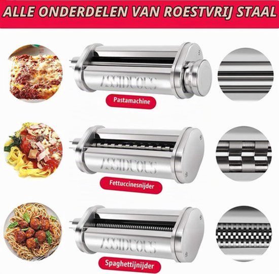Roestvrijstalen pastaopzetstuk voor keukenmachine, deegroller en snijder voor, pastamachine, roestvrij staal, 3 stuks, pastamachet, waterwasbaar met borstel — afbeelding 4