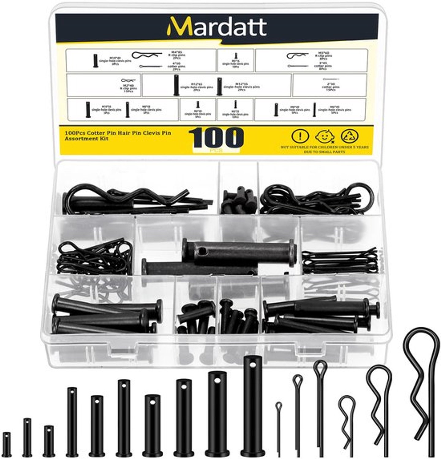 100 stuks koolstofstaal Clevis Pin Splint R Pin Assortiment Kit, bevat 10 maten M5 M6 M8 M10 M12 platte kop Single Hole Clevis Pins en M2 M3 M4 Split Splint / R Clips