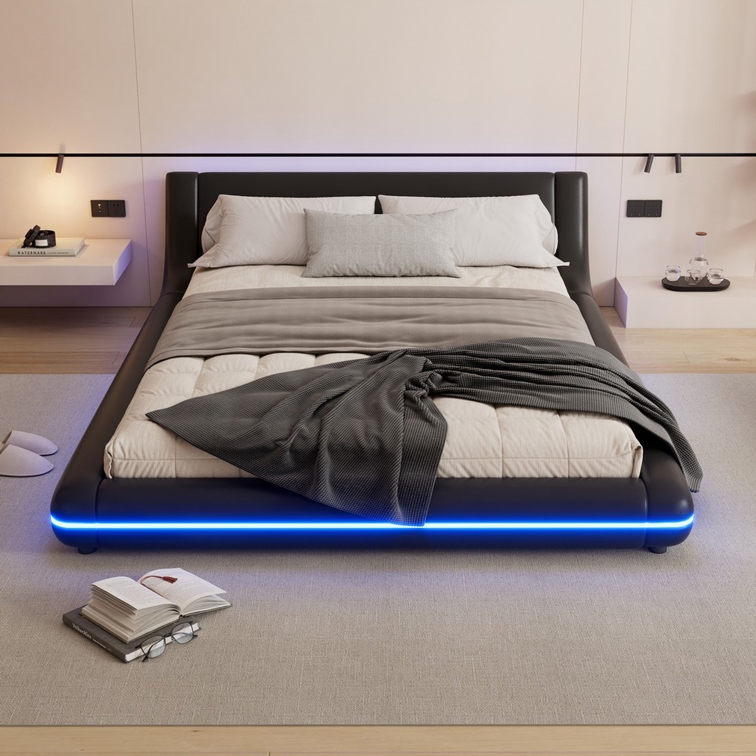 KOMHTOM Vloerbed - 140x200 cm - PU - Zwart - LED-sfeerverlichting - Sfeerverlichting - LED-verlichting