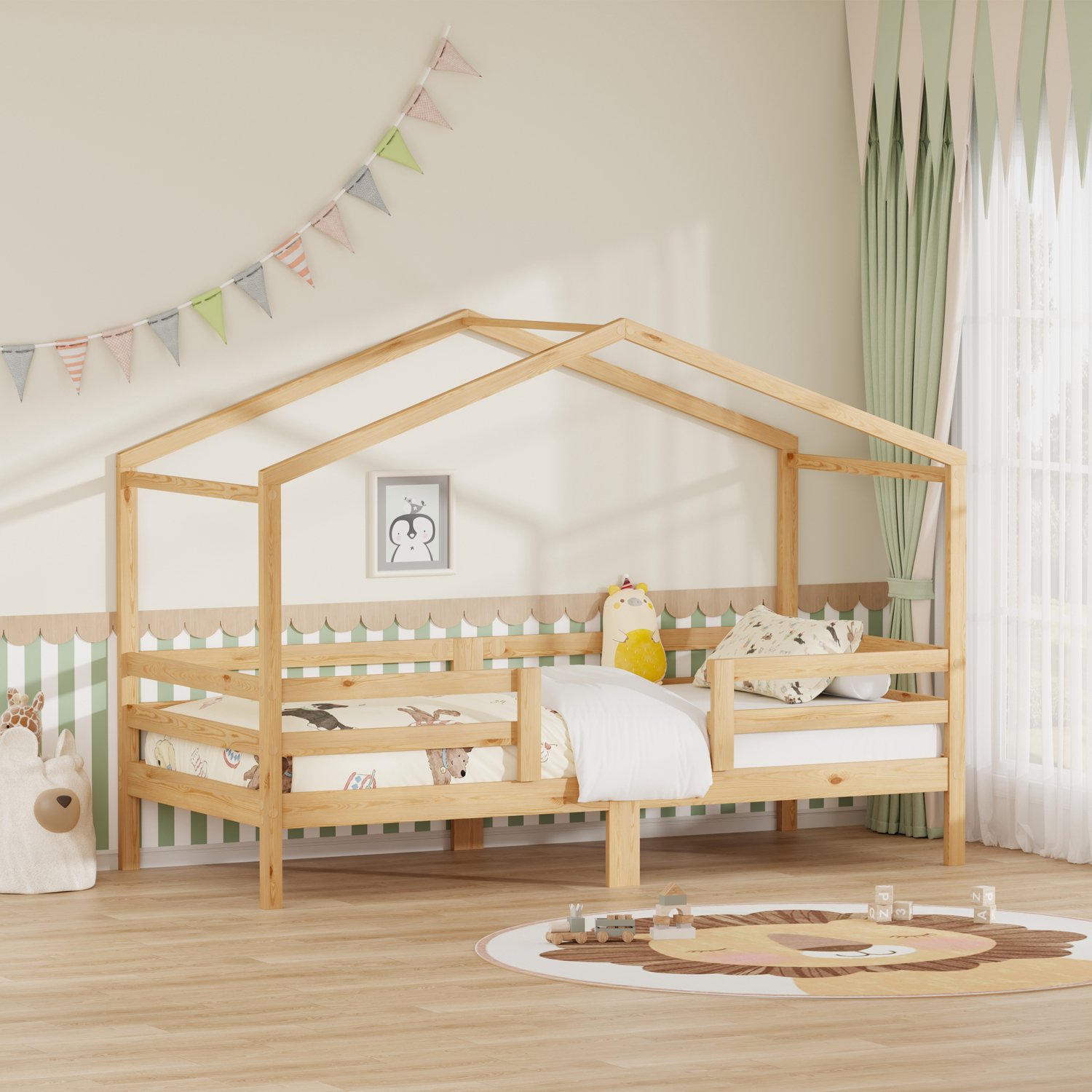 WUVRIE Kinderhuisbed 90x200 cm - Dakvorm en uitvalbeveiliging aan drie zijden - Met lattenbodem - Naturel Naturel hout