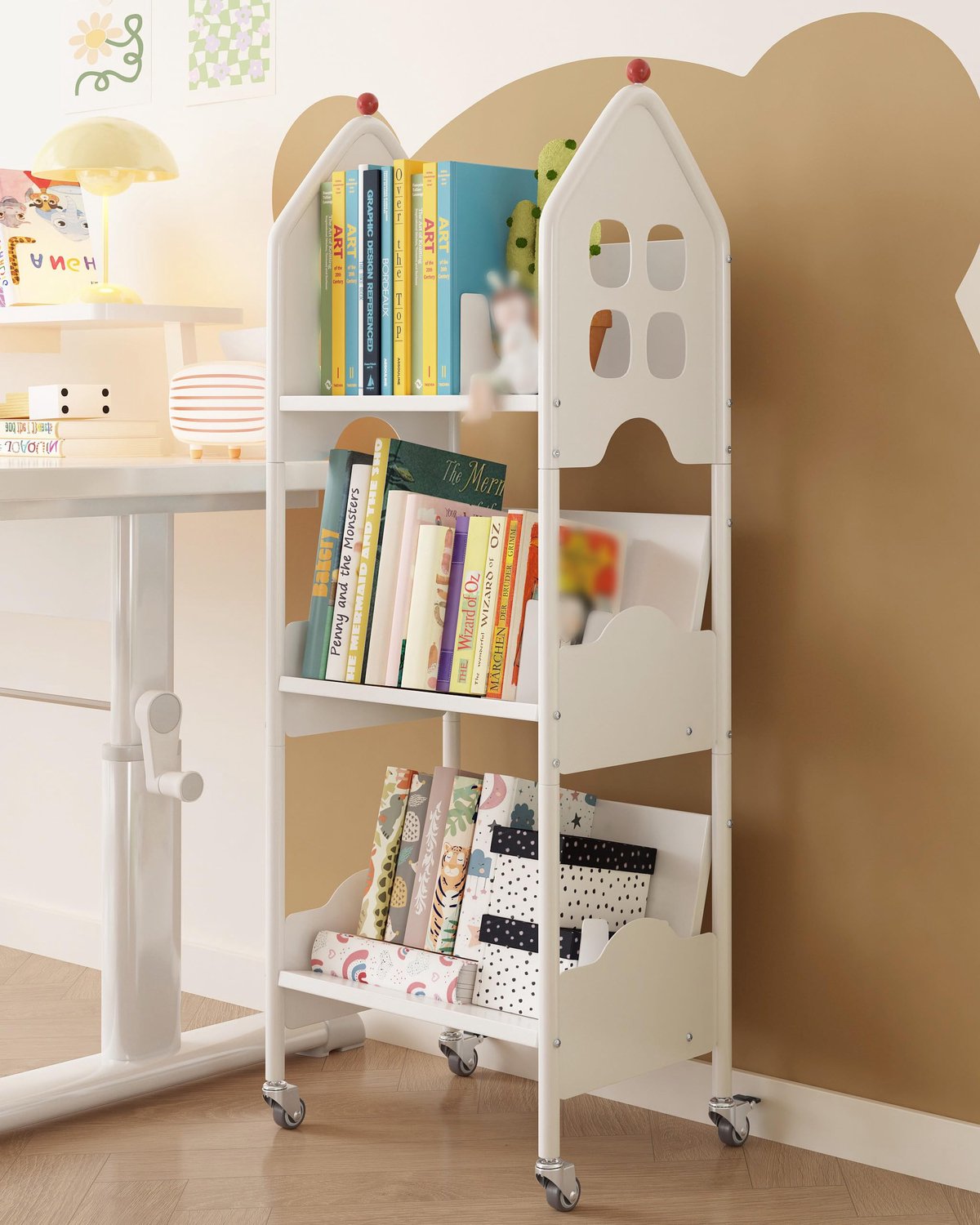 Kinderboekenrek met Wieltjes en 3 Laags Ontwerp