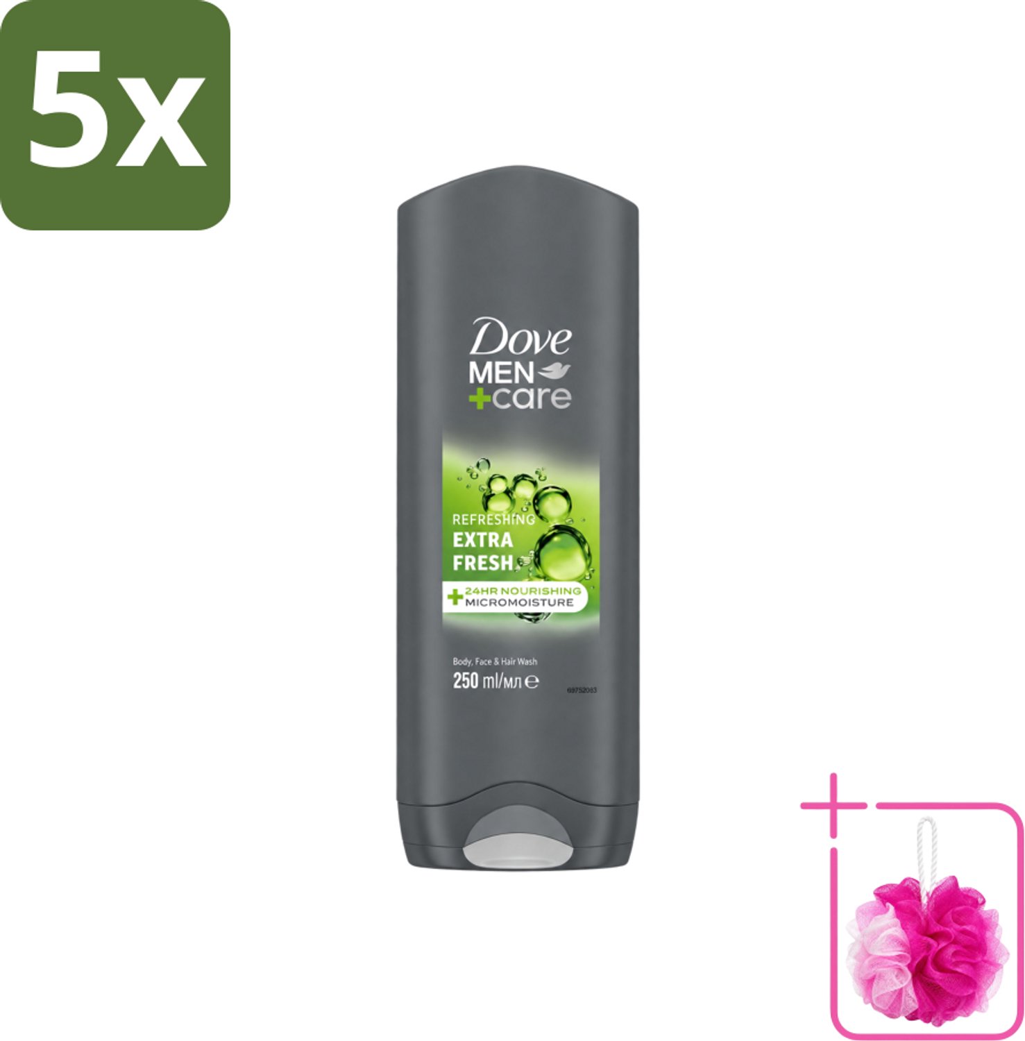 5 x Dove Men+Care Douchegel - Extra Fresh - 250 ml - Bulkverpakking - Douchegel voor mannen - Douchemop - Frisse geur