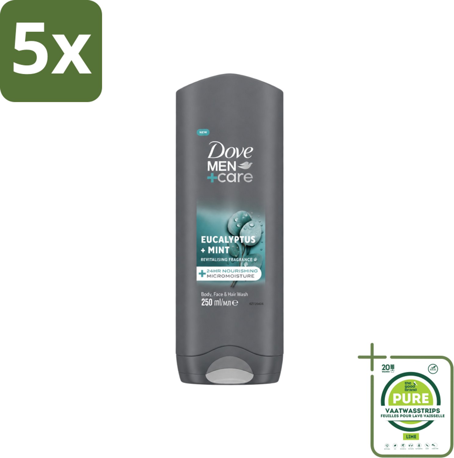 5 x Dove Men+Care Douchegel - Eucalyptus & Mint - 250 ml - Grootverpakking - Vaatwasstrips - Douchegel Voor Mannen - Hydratatie Huid - Verzorging Gezicht - Verzorging Haar - Eucalyptus En Munt