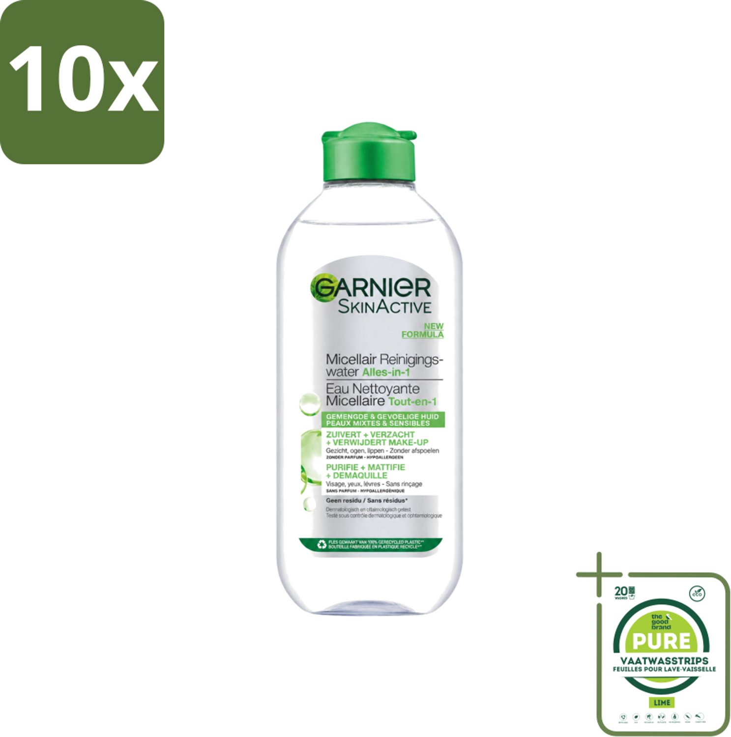 10 x Garnier - SkinActive - Micellair Reinigingswater - Gemengde & Gevoelige huid - Verzachtend & Reinigend - 400 ml - Grootverpakking - Vaatwasstrips - Micellair Reinigingswater - Vette Huid - Make-up Verwijderen - Talg Verwijderen - Gevoelige Huid