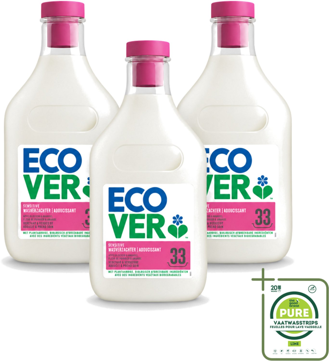 3 x Ecover - Wasverzachter - Appelbloesem & Amandel - 1 liter - Grootverpakking - Vaatwasstrips - Wasverzachter - Natuurlijke Zachtheid - Geur - Wasgoed Verzachten - Plantaardige Wasverzachter