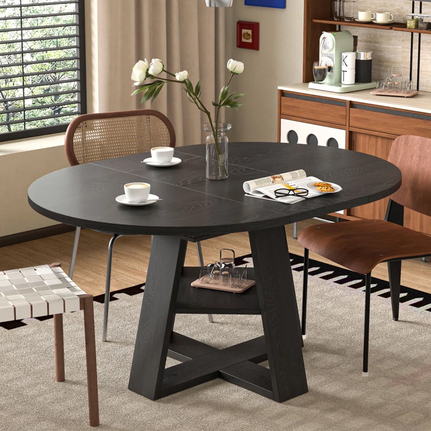 Clruro Eettafel - 110–150×110 cm - Uitschuifbaar - Rond met Opbergruimte - MDF - Zwart