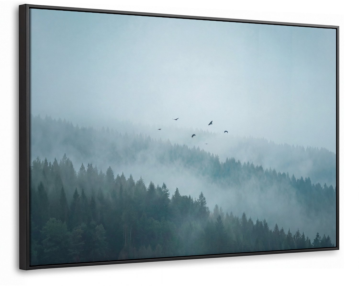 Canvas Schilderij met Baklijst - Bos - Mist - Vogels - Natuur - Groen