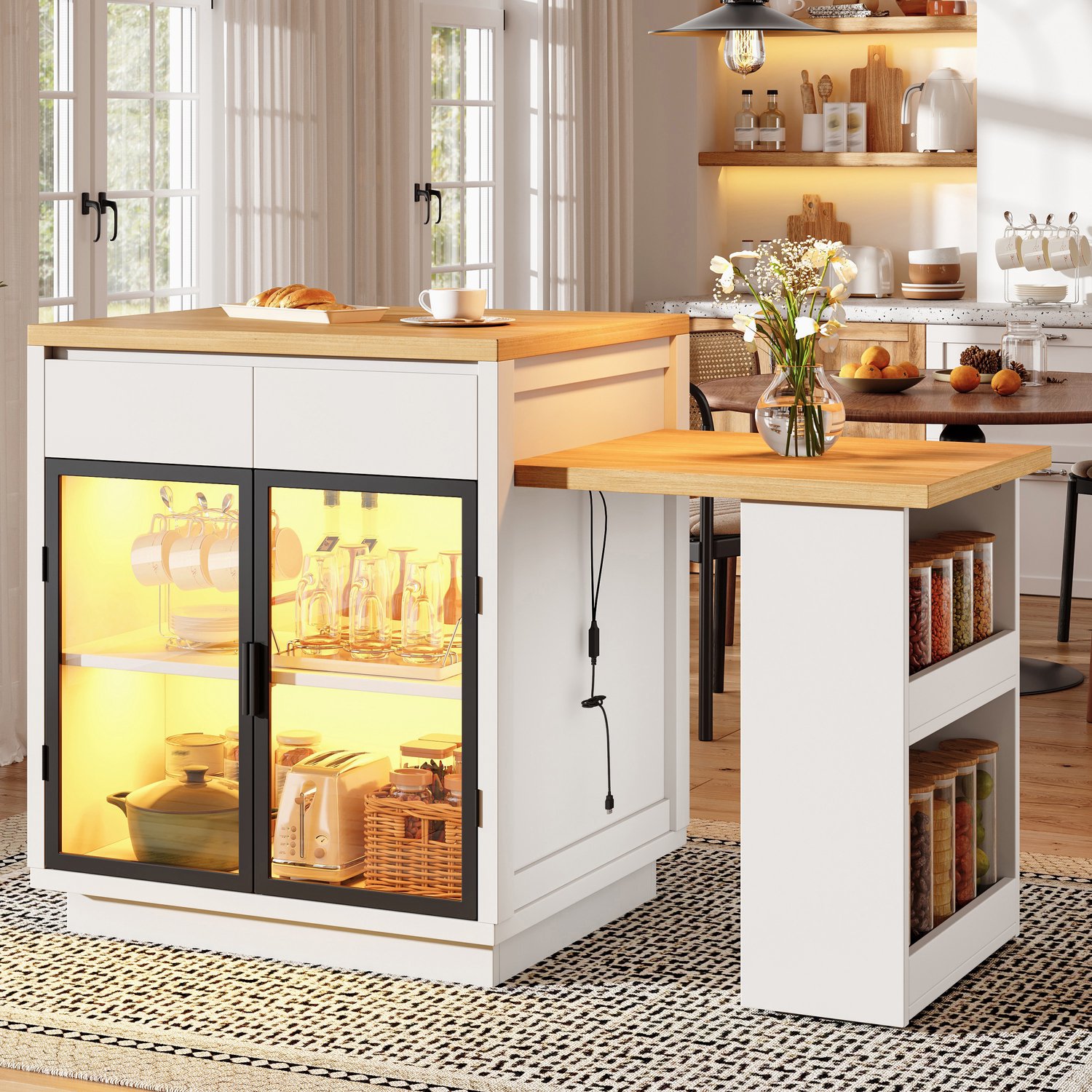 MODENUIT Keukeneiland - Uitschuifbaar Met Twee Laden En Ledverlichting - Keuken - MDF En Wit - 122-194,5 Cm Wit, naturel houtkleur