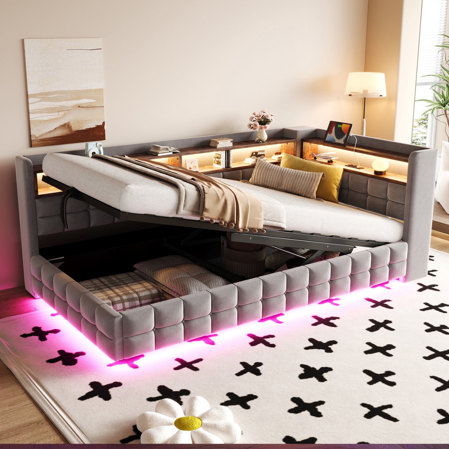 Wishdor Slaapbank 90x200 cm - Hydraulische opbergruimte - Planken en lattenbodem - LED-verlichting en oplaadaansluitingen - Slaapkamer logeerkamer woonruimte - Fluweel - Lichtgrijs