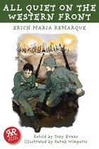 Boekomslag van All Quiet on the Western Front met illustratie van twee soldaten in een loopgraaf tijdens een explosie.